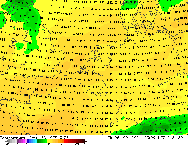 Temperature (2m) GFS 0.25 Th 26.09.2024 00 UTC