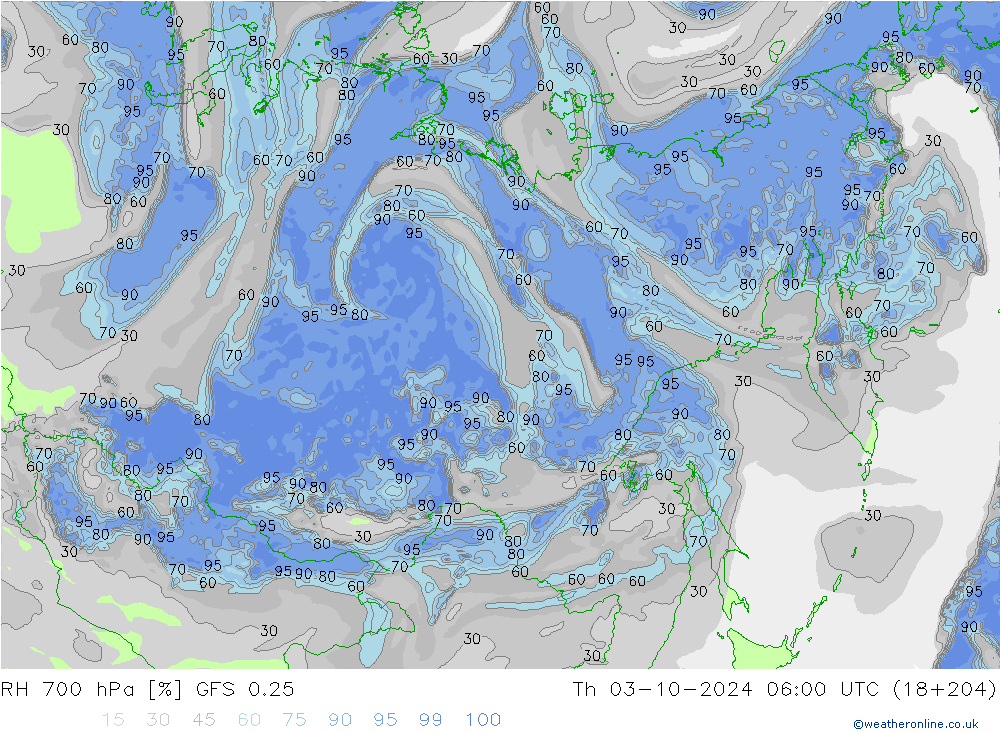 RH 700 hPa GFS 0.25 Th 03.10.2024 06 UTC