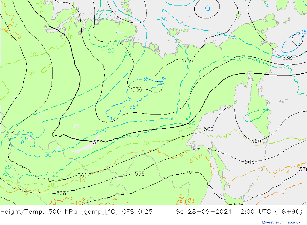 Z500/Rain (+SLP)/Z850 GFS 0.25 so. 28.09.2024 12 UTC