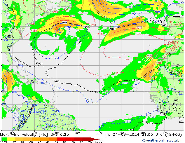 Max. wind velocity GFS 0.25 вт 24.09.2024 21 UTC