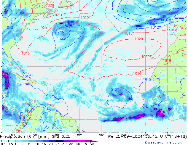 Totale neerslag (6h) GFS 0.25 wo 25.09.2024 12 UTC