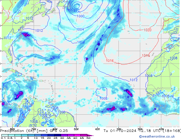 Z500/Rain (+SLP)/Z850 GFS 0.25 wto. 01.10.2024 18 UTC