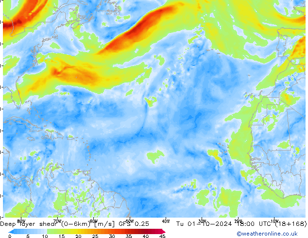 Deep layer shear (0-6km) GFS 0.25 wto. 01.10.2024 18 UTC