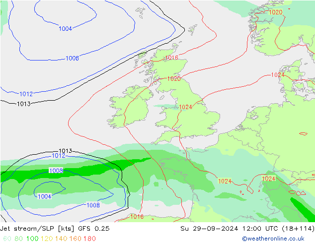 Jet stream/SLP GFS 0.25 Su 29.09.2024 12 UTC