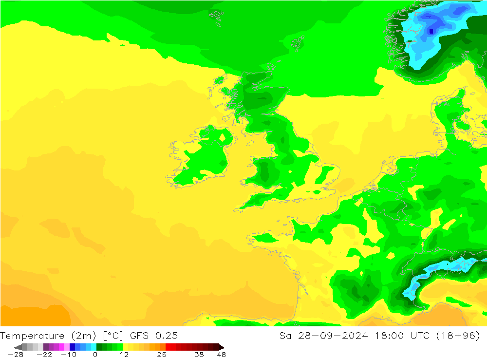 Sıcaklık Haritası (2m) GFS 0.25 Cts 28.09.2024 18 UTC