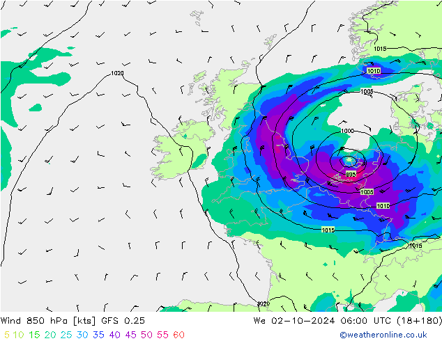 Wind 850 hPa GFS 0.25 We 02.10.2024 06 UTC