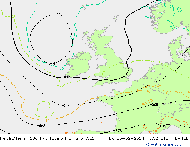 Z500/Rain (+SLP)/Z850 GFS 0.25  30.09.2024 12 UTC