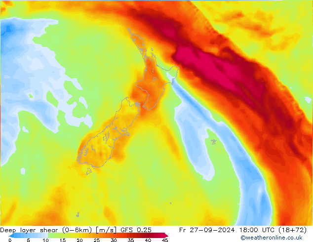 Deep layer shear (0-6km) GFS 0.25 Pá 27.09.2024 18 UTC