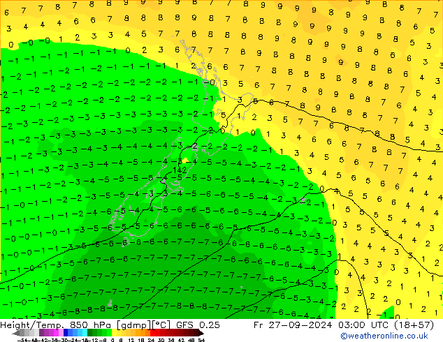 Z500/Rain (+SLP)/Z850 GFS 0.25  27.09.2024 03 UTC