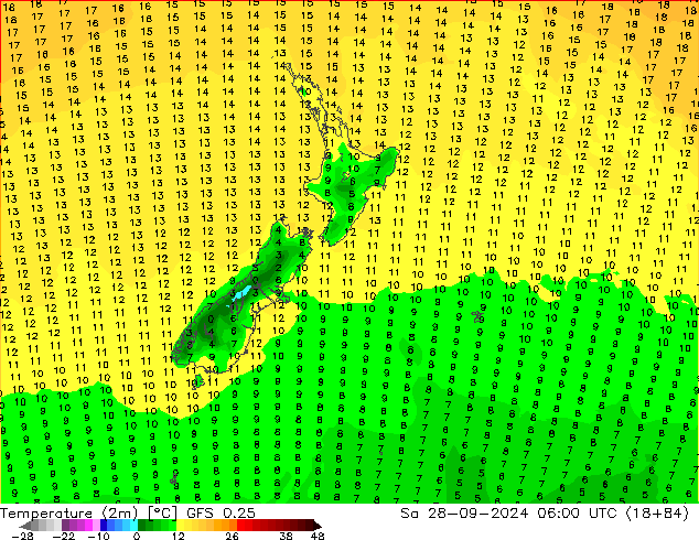 Temperaturkarte (2m) GFS 0.25 Sa 28.09.2024 06 UTC