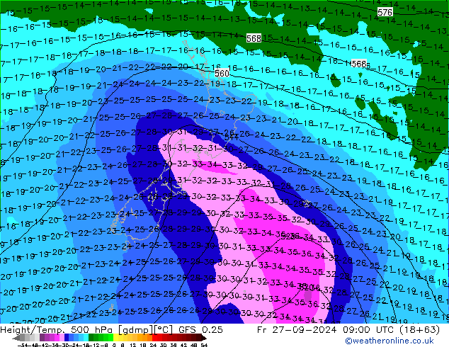 Z500/Rain (+SLP)/Z850 GFS 0.25 ven 27.09.2024 09 UTC