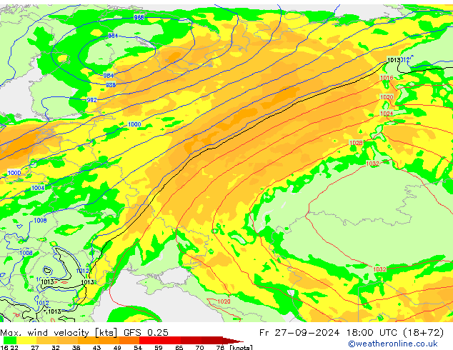 Max. wind velocity GFS 0.25 vie 27.09.2024 18 UTC