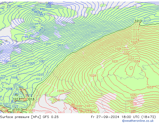 Presión superficial GFS 0.25 vie 27.09.2024 18 UTC