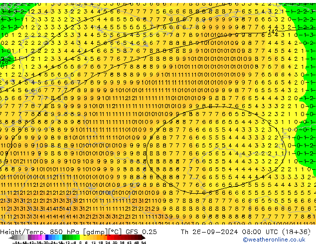 Hoogte/Temp. 850 hPa GFS 0.25 do 26.09.2024 06 UTC