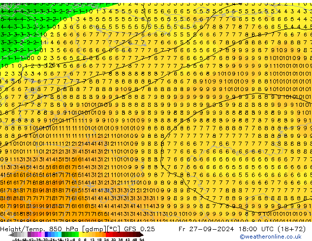 Geop./Temp. 850 hPa GFS 0.25 vie 27.09.2024 18 UTC