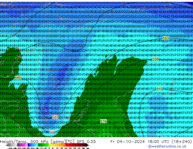 Z500/Rain (+SLP)/Z850 GFS 0.25 Fr 04.10.2024 18 UTC