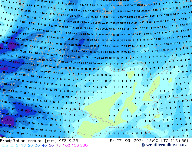 Precipitation accum. GFS 0.25 Pá 27.09.2024 12 UTC