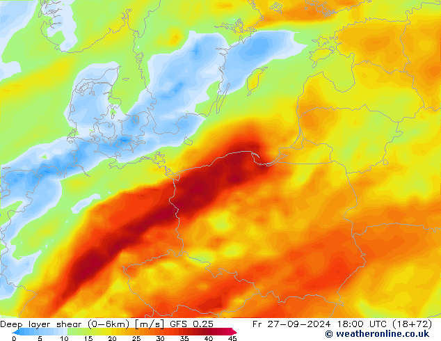 Deep layer shear (0-6km) GFS 0.25 vr 27.09.2024 18 UTC