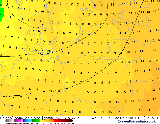 Height/Temp. 850 hPa GFS 0.25 We 25.09.2024 03 UTC