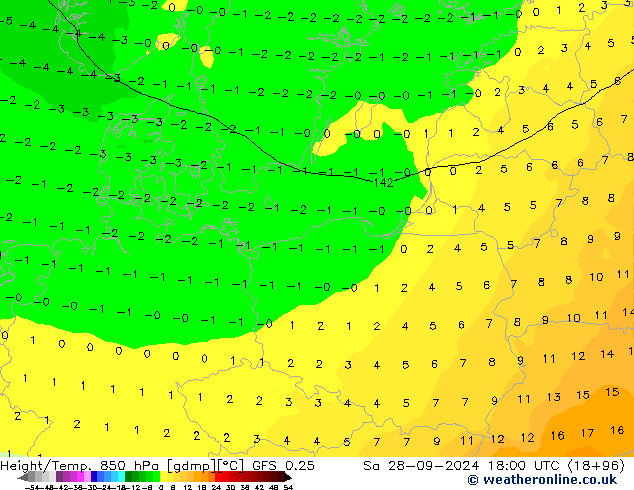 Height/Temp. 850 hPa GFS 0.25 Sa 28.09.2024 18 UTC