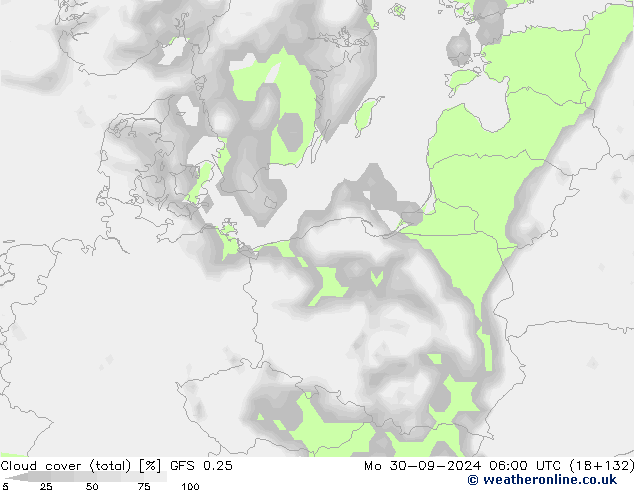 Cloud cover (total) GFS 0.25 Mo 30.09.2024 06 UTC