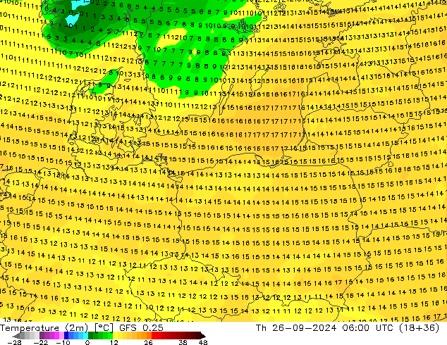 Temperature (2m) GFS 0.25 Th 26.09.2024 06 UTC