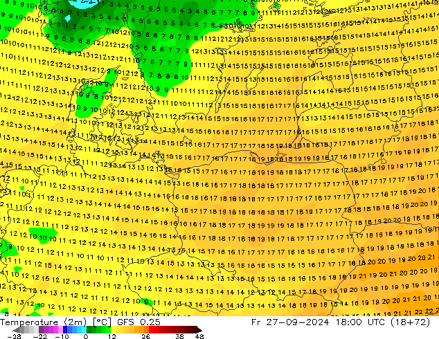 Temperatura (2m) GFS 0.25 vie 27.09.2024 18 UTC