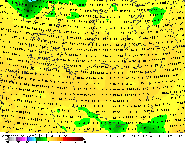 Temperatura (2m) GFS 0.25 dom 29.09.2024 12 UTC