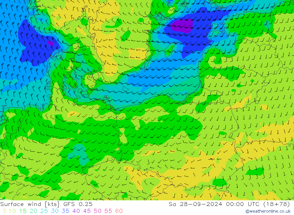 Surface wind GFS 0.25 So 28.09.2024 00 UTC