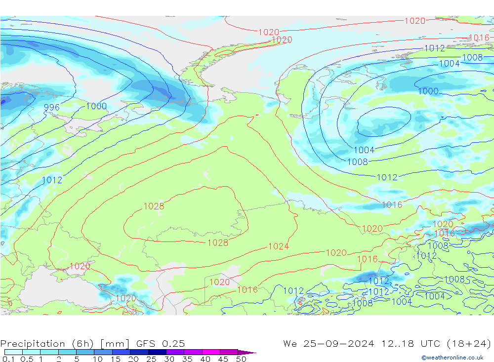 Z500/Rain (+SLP)/Z850 GFS 0.25 We 25.09.2024 18 UTC