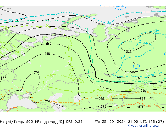 Z500/Rain (+SLP)/Z850 GFS 0.25 Mi 25.09.2024 21 UTC