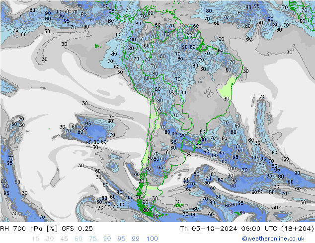 RH 700 hPa GFS 0.25 Th 03.10.2024 06 UTC