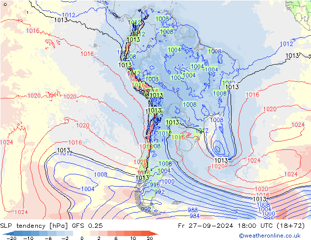 SLP tendency GFS 0.25 Fr 27.09.2024 18 UTC