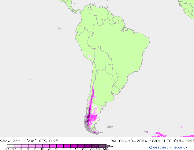 Snow accu. GFS 0.25 We 02.10.2024 18 UTC