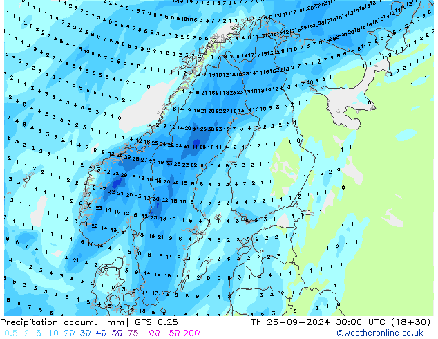 Precipitation accum. GFS 0.25 чт 26.09.2024 00 UTC