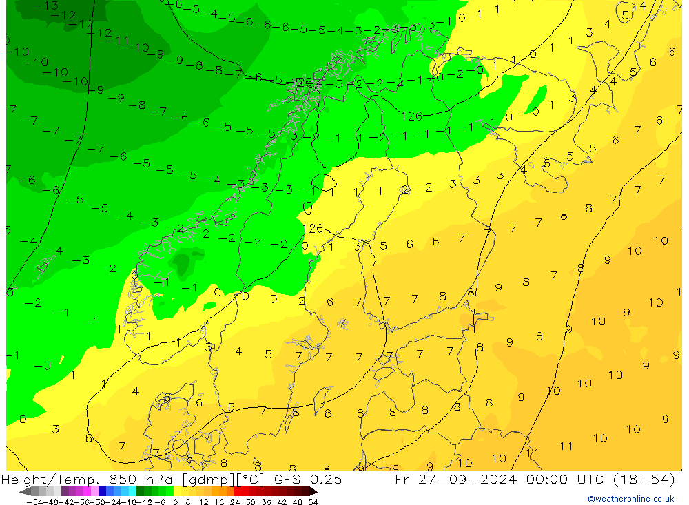 Z500/Rain (+SLP)/Z850 GFS 0.25 ven 27.09.2024 00 UTC