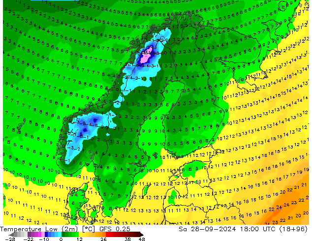 Min. Temperatura (2m) GFS 0.25 so. 28.09.2024 18 UTC