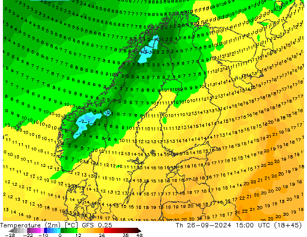 Temperatura (2m) GFS 0.25 Qui 26.09.2024 15 UTC