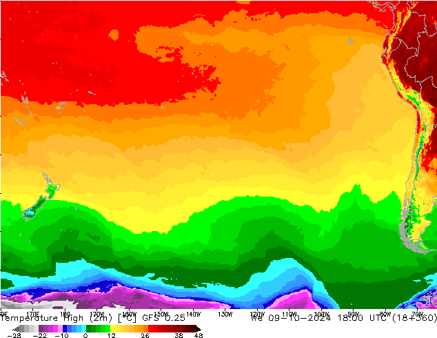 Temperature High (2m) GFS 0.25 We 09.10.2024 18 UTC