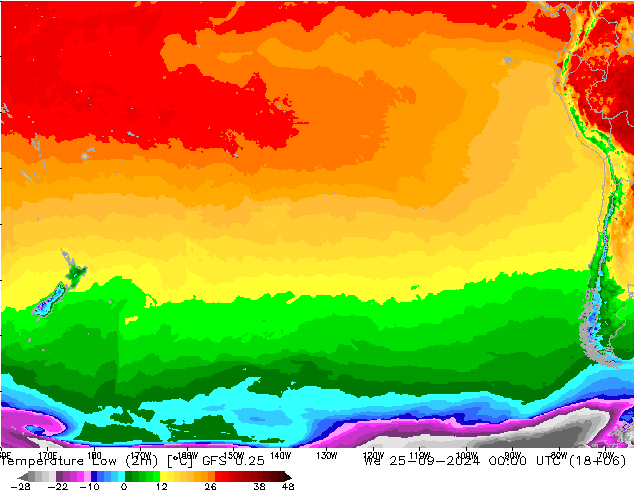 Темпер. мин. (2т) GFS 0.25 ср 25.09.2024 00 UTC