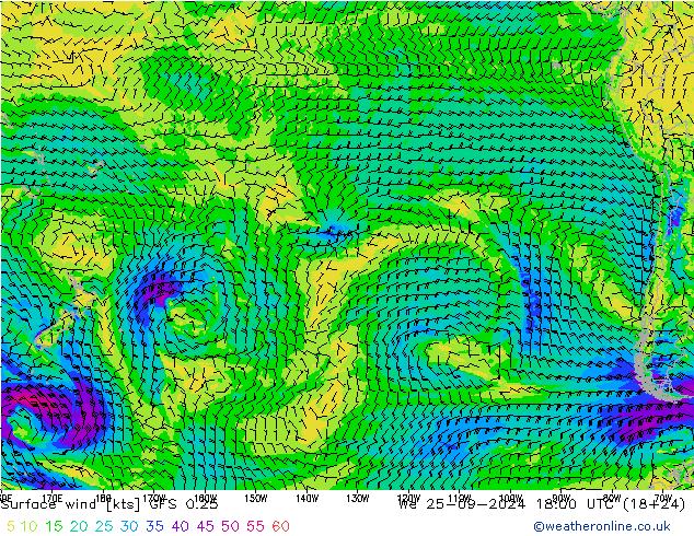 Surface wind GFS 0.25 We 25.09.2024 18 UTC