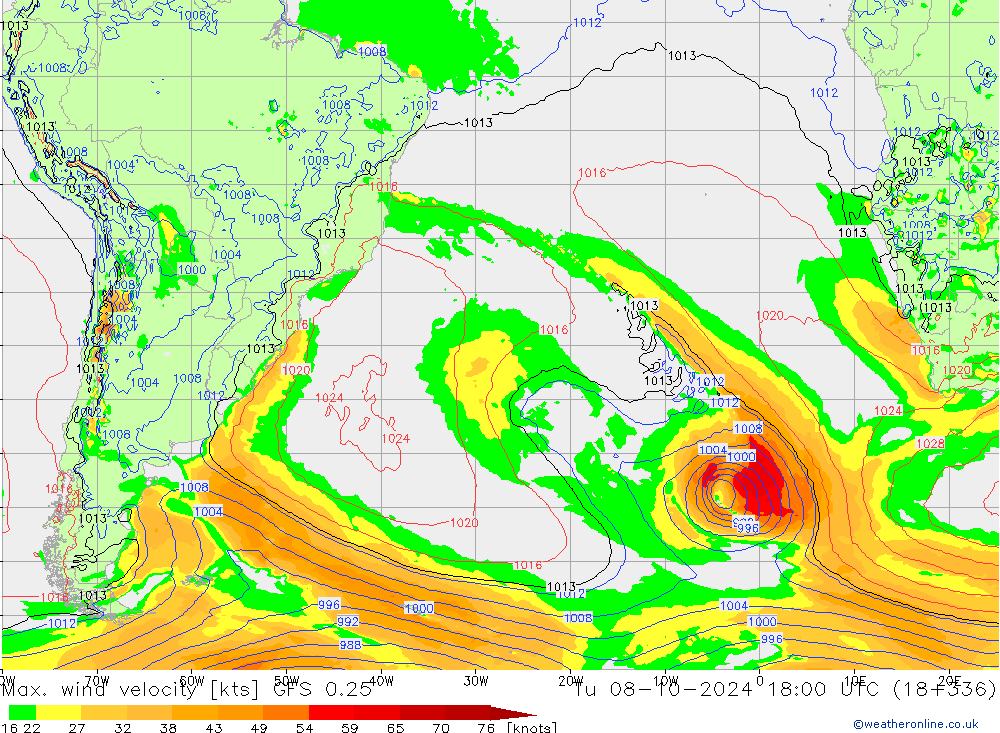 Max. wind velocity GFS 0.25 Tu 08.10.2024 18 UTC