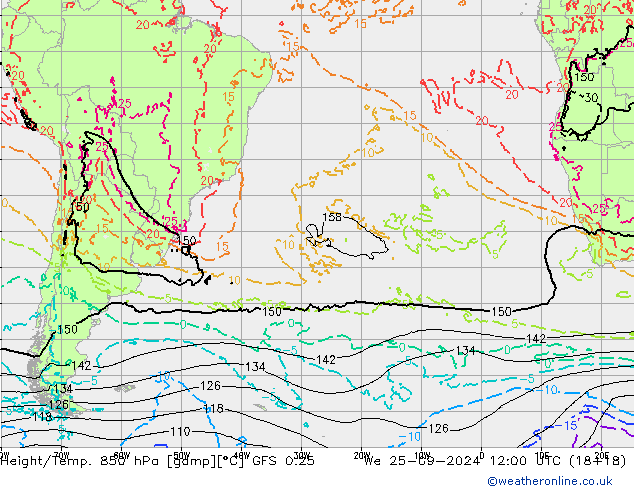 Z500/Rain (+SLP)/Z850 GFS 0.25  25.09.2024 12 UTC