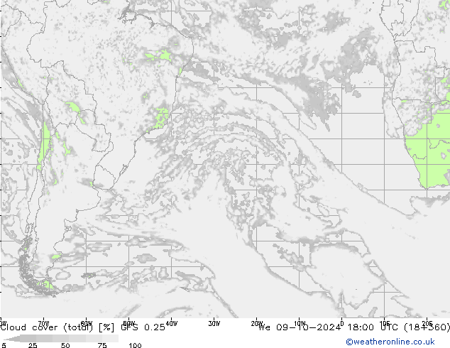 Cloud cover (total) GFS 0.25 We 09.10.2024 18 UTC