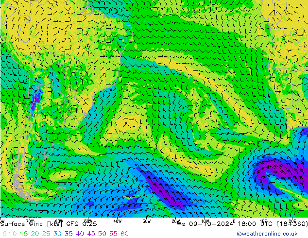 Surface wind GFS 0.25 We 09.10.2024 18 UTC