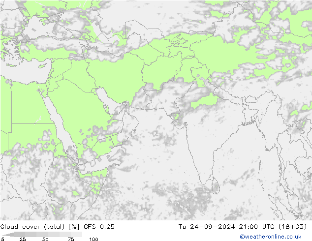 Wolken (gesamt) GFS 0.25 Di 24.09.2024 21 UTC