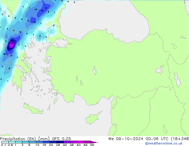 Precipitation (6h) GFS 0.25 We 09.10.2024 06 UTC