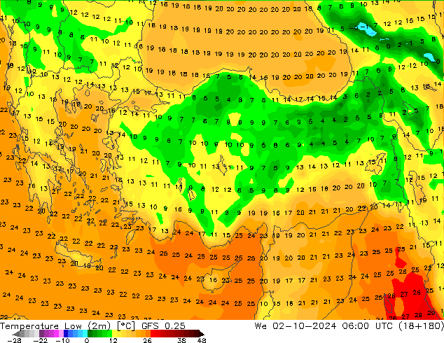 Temperature Low (2m) GFS 0.25 We 02.10.2024 06 UTC