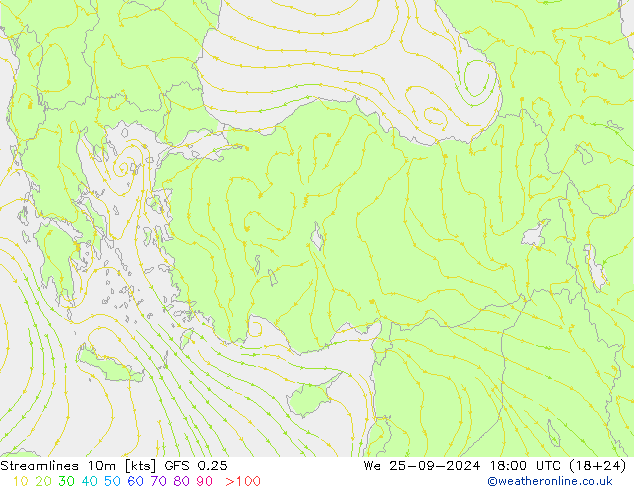 Streamlines 10m GFS 0.25 We 25.09.2024 18 UTC