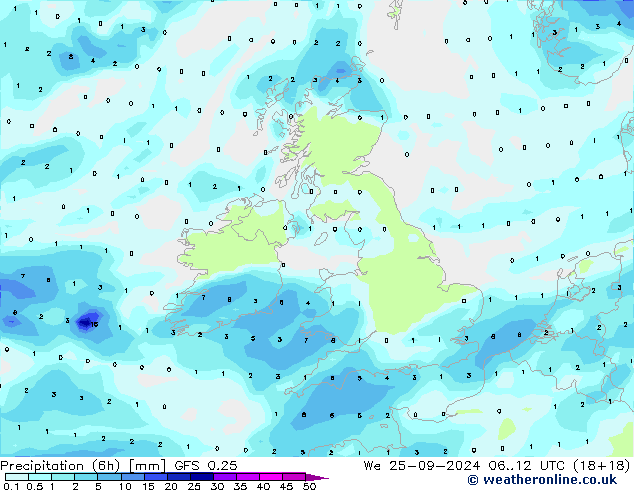 осадки (6h) GFS 0.25 ср 25.09.2024 12 UTC